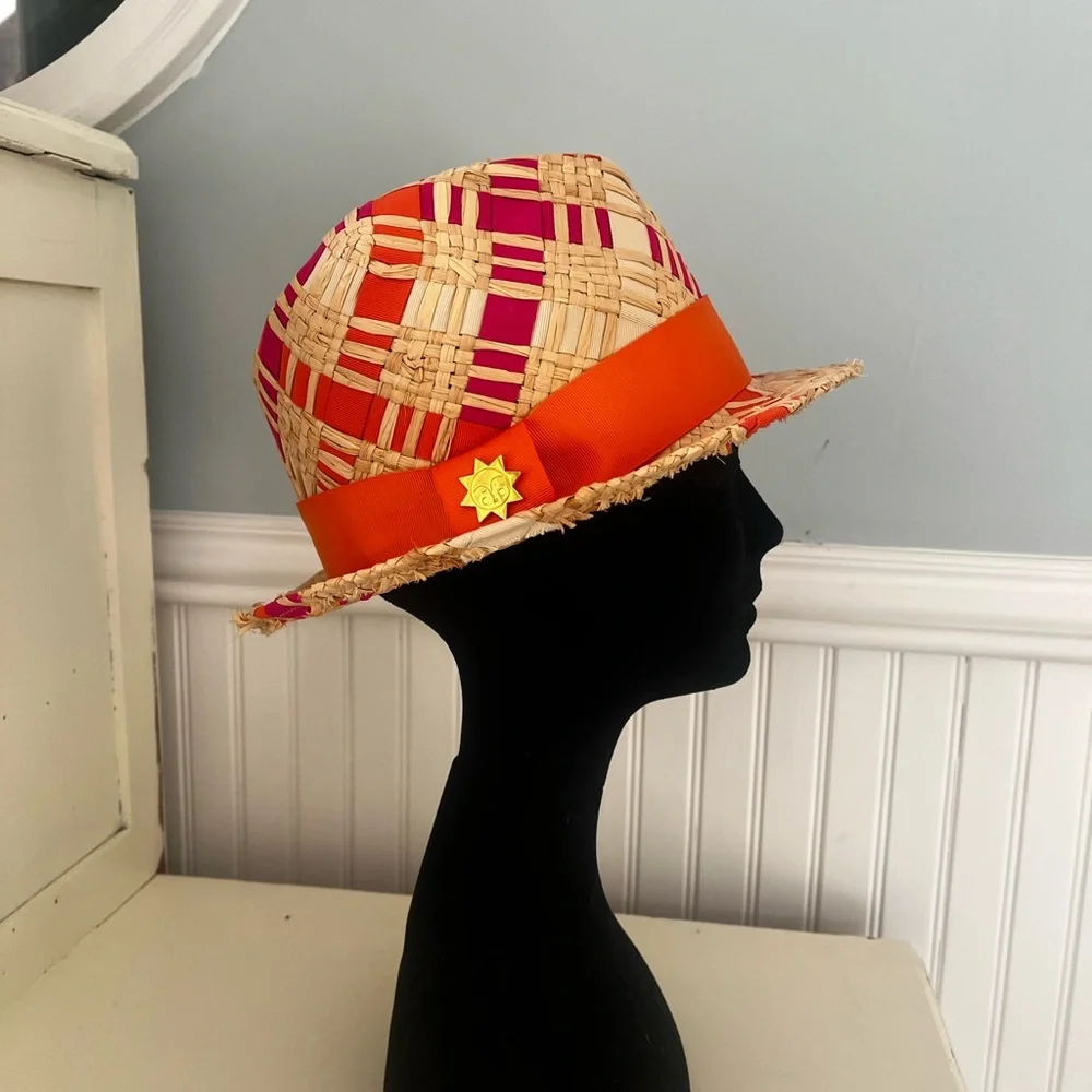 Jonathan Adler Straw Ribbon Orange and Pink Fedora Hat - Picture 2 of 10